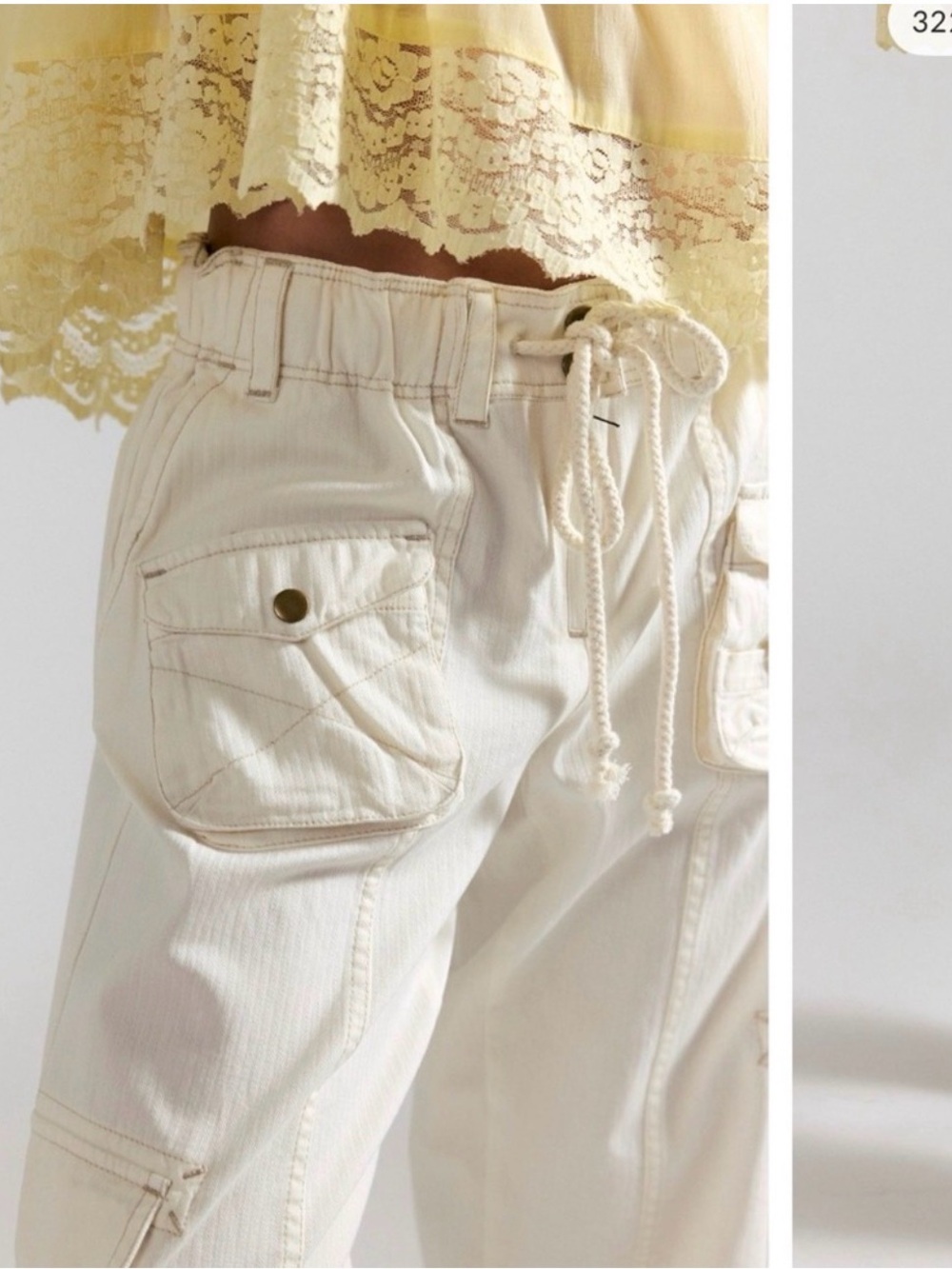 Free People Cream Wide Leg Cargo Pants with Drawstring